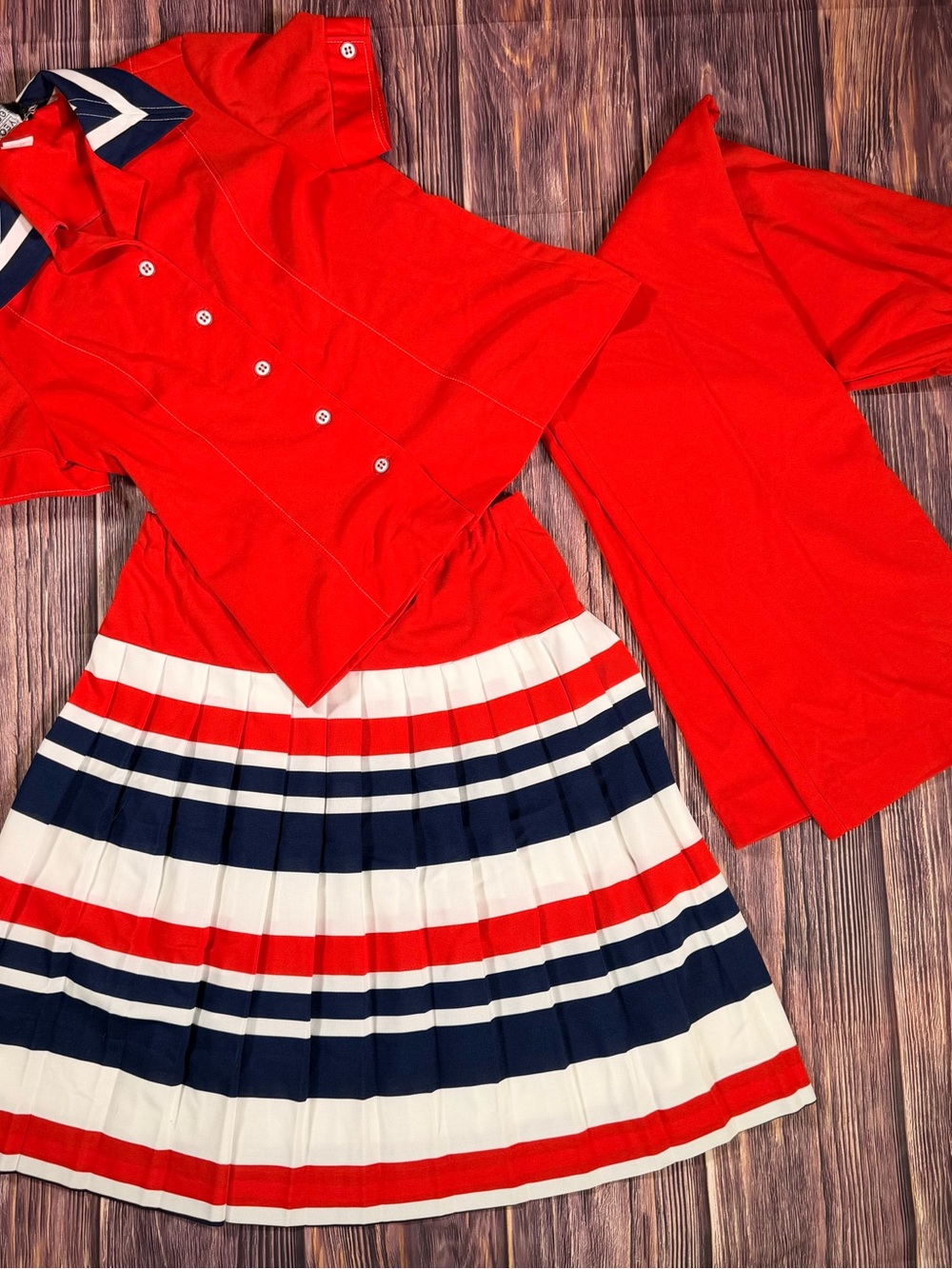 Women’s Vintage 60s 3 Piece Red, White & Blue Top, Pants, Skirt Matching Set